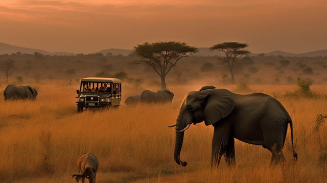 A safari vehicle travelling among elephants at sunset
